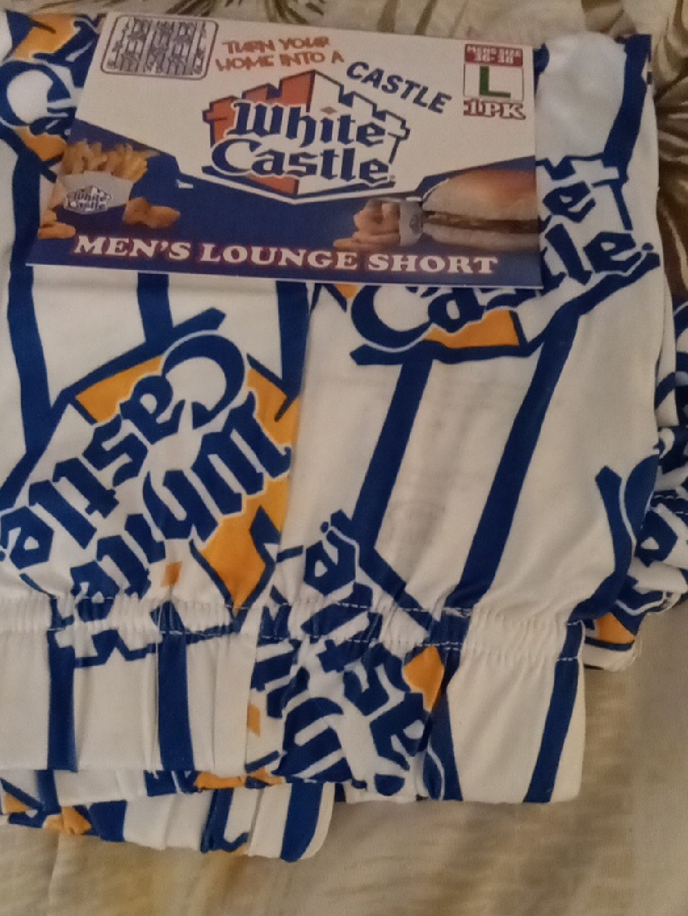 Mens Lounge Shorts - White  Castle Unisex White with Blue & Yellow Logo Print